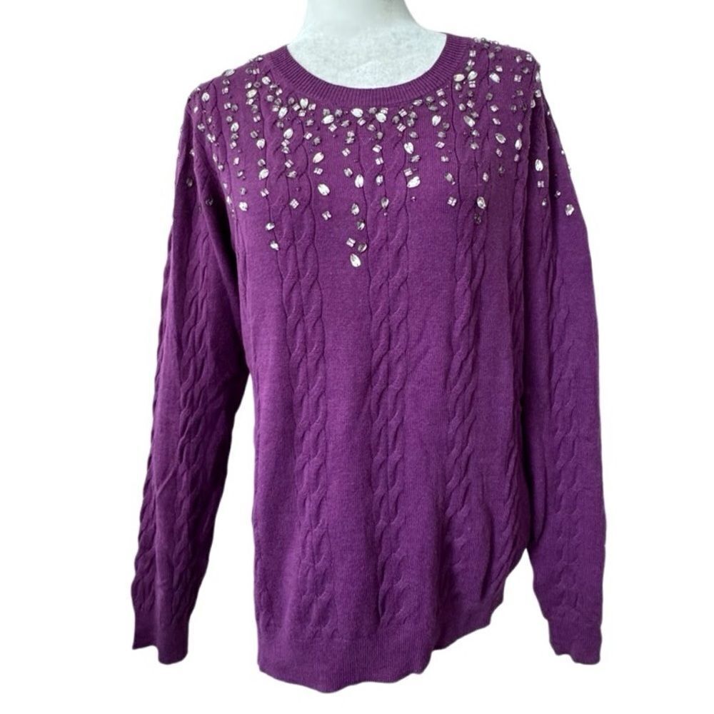 Isaac Mizrahi Live Purple Sweater Cable Knit Gemstone QVC Cardigan Size Small